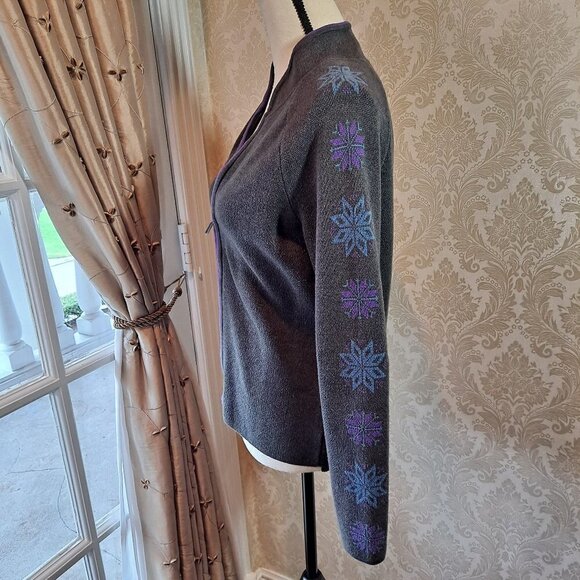 Eddie Bauer Sport Size Medium Petite Gray Full Zip Sweater Snowflake Sleeves EUC - Picture 6 of 12